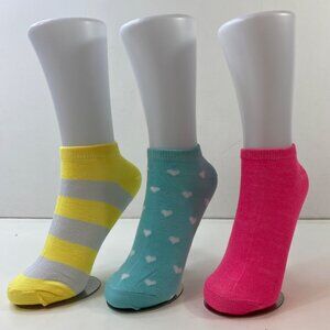 Womens Ankle Socks Set 3 Stripes Heart Print Solid Yellow Teal Pink Gray White